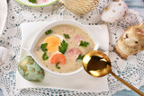 Fototapeta  - Top view of traditional Easter white borscht with sausage, egg and vegetables