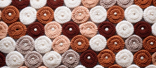 Poster - A tower of pink, red, and magenta donuts, stacked on a table, resembling a vibrant circle pattern. The natural material suggests a light textile product made of wool