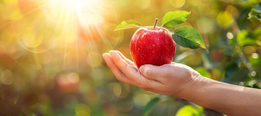 Wall Mural - Fresh organic apple held with selection on defocused background, ideal for text placement