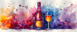 Artistic watercolor rendering of a wine bottle and glass with a backdrop of fluid, color bursts suggesting a sense of indulgence and revelry