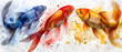 A bold composition of a dark blue, red, and golden yellow fish among a spray of colorful watercolor strokes