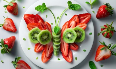 a beautiful realistic butterfly made of strawberry slices, kiwi slices and mint leaves on a clean white plate