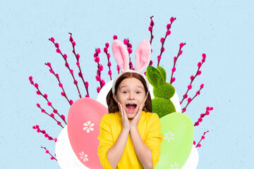 Wall Mural - 3d creative artwork template collage of excited surprised little girl celebrate easter invitation postcard billboard comics zine minimal