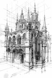 Fototapeta  - pencil sketch of the construction of a cathedral, in the style of baroque ornate details, 