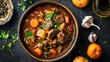 Hearty beef stew in a rustic bowl - Savory and rich beef stew with chunks of tender meat and vegetables, served in an earthenware bowl for a rustic look