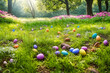 Easter Egg Hunt. A whimsical scene of hidden Easter eggs nestled among lush green grass
