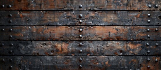 Poster - A detailed closeup of a hardwood plank wall with metal rivets, showcasing the intricate pattern and texture of the composite material