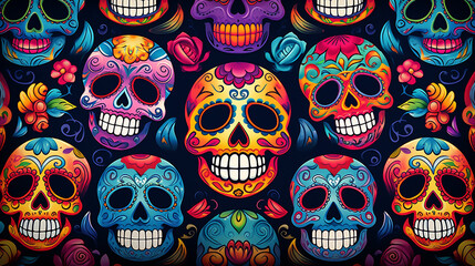 Poster - Colorful Sugar Skulls with flowers