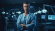 © Divine123victory - Professional photo of a portrait of a confident male surgeon standing  in front operating room background with backlighting and cinematic lighting and a dark blue color grading