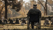 A man in a wheelchair is sitting in a cemetery