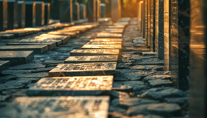 Wall Mural - A cemetery with many gravestones and a path of leaves