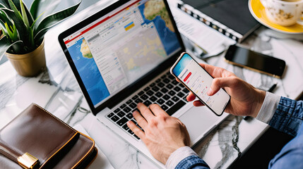 Man using a laptop and smartphone for booking hotel online. Tour reservation, Booking online concept.