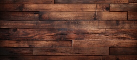 Wall Mural - A closeup of a brown hardwood wall made of wooden planks in a rectangular pattern. The wood stain enhances the tints and shades of the plywood flooring