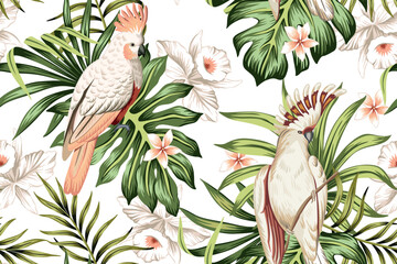 Wall Mural - Tropical vintage palm leaves, white orchid flower, pink cockatoo parrot floral seamless pattern white background. Exotic jungle wallpaper.