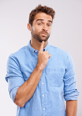 Aufkleber - Thinking, portrait and man in studio with why, questions or brainstorming solution on white background. Idea, face and curious male model with problem solving memory, remember or reflection gesture