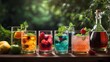 A stunning display of vibrantly colored mixed drinks in a nightclub bar.Take a tropical trip with an alluring assortment of summertime tiki bar concoctions. A colorful display of novel and pleasant be