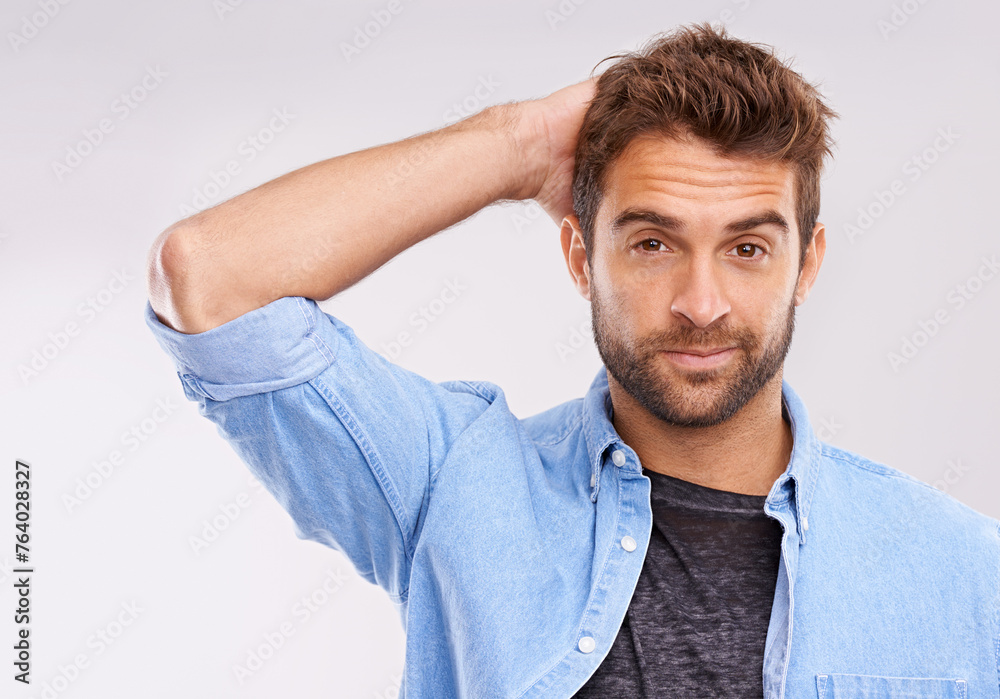 Doubt Body Language Thinking, doubt or portrait of man in studio with confused, gesture or ...