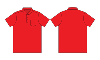 Wall Mural - Blank red short-sleeve polo shirt with a left chest pocket on a white background. Front and back views, vector file.