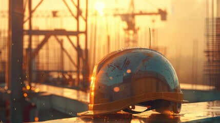 Canvas Print - helmet in construction site and construction site worker background safety first concept