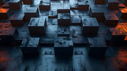 Wall Mural - The image features a pattern of 3D cubes with a metallic, wet surface under moody lighting