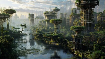 Aufkleber - Futuristic City Surrounded by Trees and Water