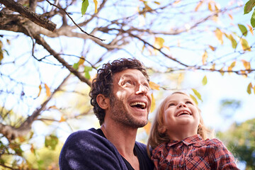 Poster - Father, daughter and excited in garden in autumn with trees, leaves and healthy childhood development. Family, man and girl child with happiness in backyard of home for bonding, recreation and relax