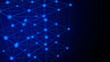 Abstract wireframe cube. Network connection structure. Digital blockchain concept. Futuristic blue background with dots and lines. 3D rendering.