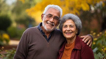 Closeup portrait, retired couple in casual shirt and dress holding each other smiling,enjoying life together, outside green trees background.