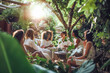 © Connect Images AI - Group of women in white outfits conversing in a lush garden