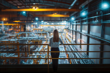 Woman overlooking an industrial facility at night.