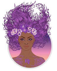 Wall Mural - Illustration of Virgo astrological sign as a beautiful African American girl. Zodiac vector illustration isolated on white. Future telling, horoscope, alchemy, spirituality, fashion black woman.