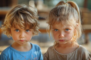 Two young children with serious expressions and intense gazes looking directly at the camera