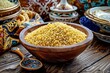 Bulgur in a wooden rustic wooden bowl on table decorate with  turkish style