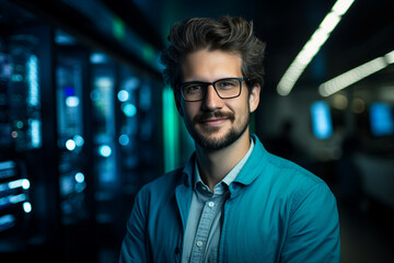 Hard working person in modern interior office programming writing web java script code AI technology generation