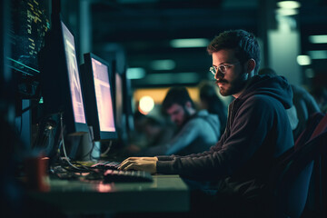 Hard working person in modern interior office programming writing web java script code AI technology generation
