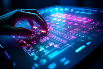 Wall Mural - Closeup macro picture of modern led lights effect keyboard for programming job Generation AI