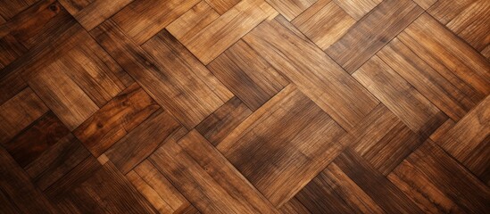 Canvas Print - A closeup of a hardwood flooring with a herringbone pattern in brown wood stain. The planks are made of beige plywood with a shiny varnish