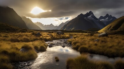 Wall Mural - Beautiful landscape panorama view of Mt.cook, south island, AI generated