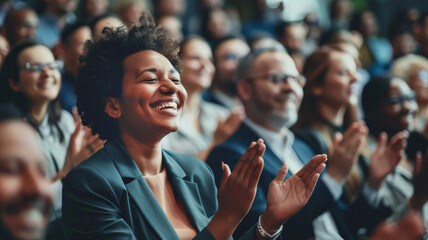 Exuberant Conference Attendees Applauding. Joyful diverse audience clapping at a business seminar.