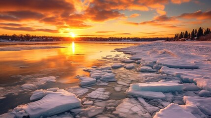 Wall Mural - Beautiful Sunset at Ottawa river in the winter. AI generated