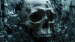 A haunting image featuring a human skull centered among textured cubes, shrouded in blue hues, evoking mortality and chaos