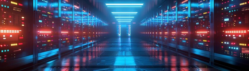 Poster - An advanced data facility features neatly organized server racks in a dimly lit environment, accentuated by vibrant LED lighting, highlighting the intricacies of information storage.