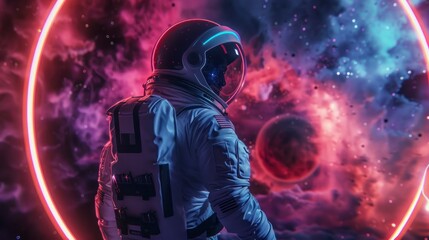 Wall Mural - astronaut in a suit observing a portal-style neon circle in space with neon clouds in high resolution and high quality