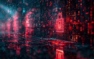 Poster - Create a graphic showcasing the concept of cybersecurity in a digital environment. The firewall acts as a shield safeguarding confidential information, depicted through secure nodes and encryption.