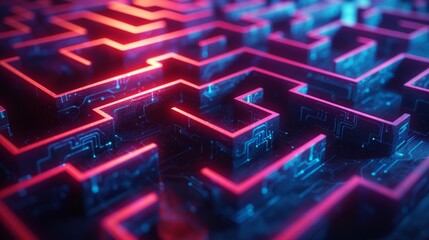 Poster - A complex illuminated labyrinth symbolizing protection against cyber attacks.