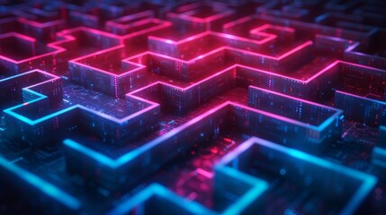 Poster - A complex illuminated labyrinth symbolizing protection against cyber attacks.
