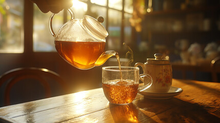 Wall Mural - Fresh tea pours into a glass.