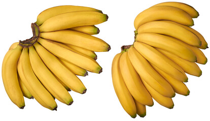 Wall Mural - description: bunch of fresh bananas, set of ripe tropical fruit with bright yellow peel and deliciously sweet flavor, taken straight from above and isolated on white background