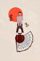 Wall Mural - Composite vertical collage picture of mini excited guy sit big dollar cash isolated on creative background