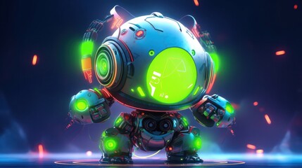 Poster - glowing green-eyed robot in dark background generative ai